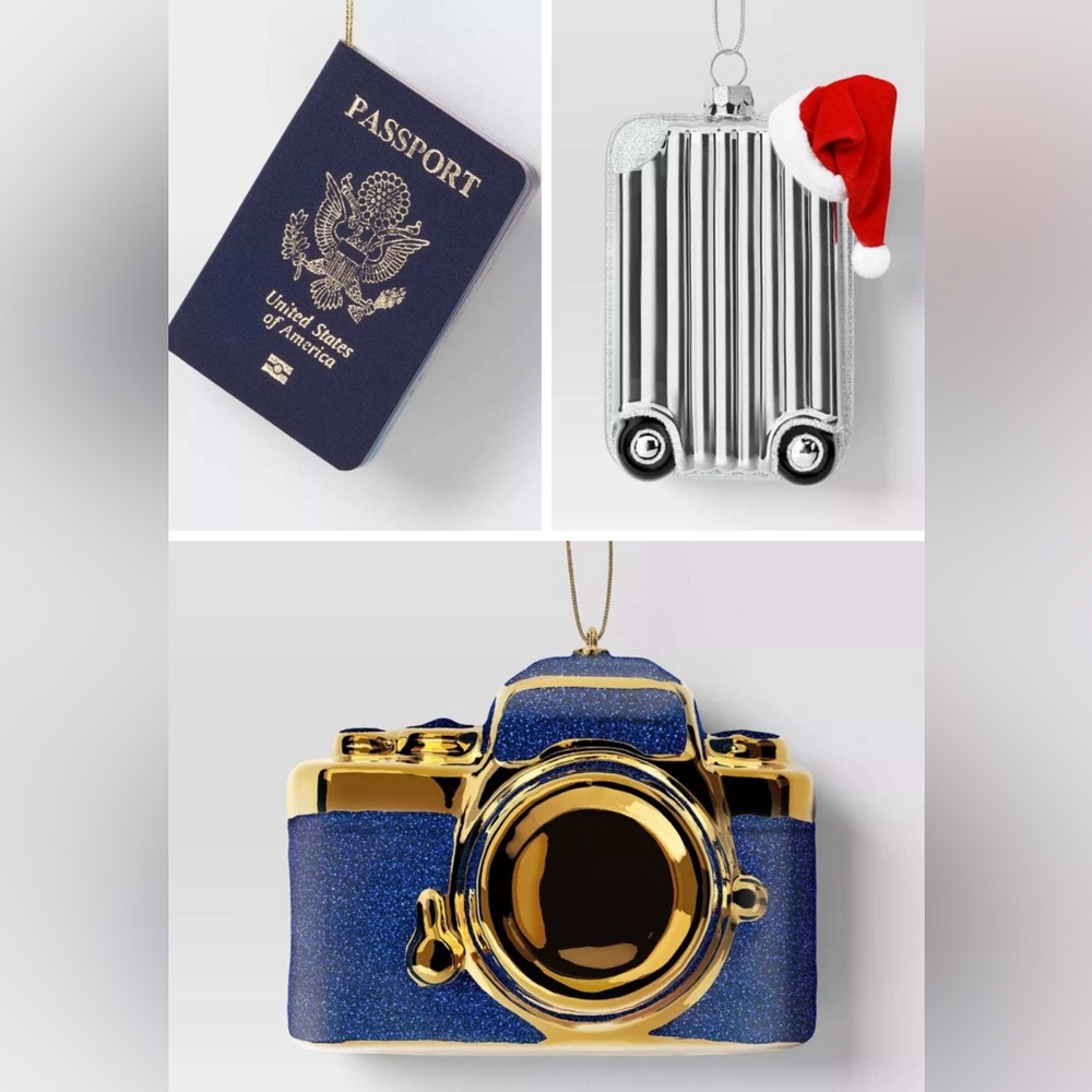Wondershop Christmas Holiday Ornaments Set of 3 Passport Suitcase Camera Travel